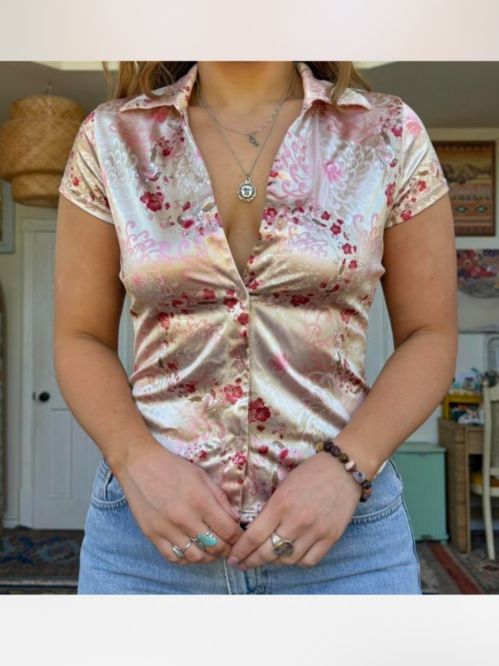 Xhilaration Pink Champagne Floral Satin Button-Down Top